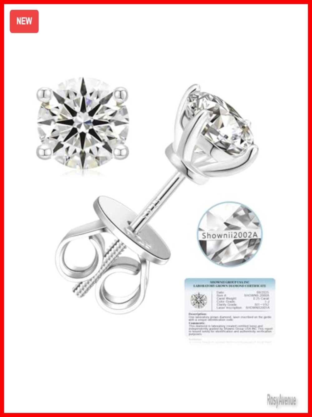 Lab Grown Diamond Stud Earrings Screw Back 14K Gold Plated S925 Silver